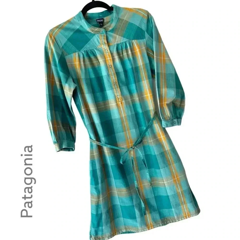 PATAGONIA | NWOT | SETTLERS DRESS ORGANIC COTTON PLAID BELTED | SIZE: 2